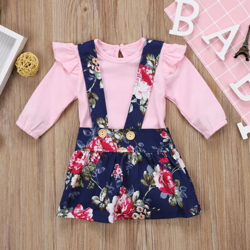2Pcs Lovely Baby Girls Floral Long Sleeve Cotton Romper Dress Jumpsuit Outfits Set Clothes