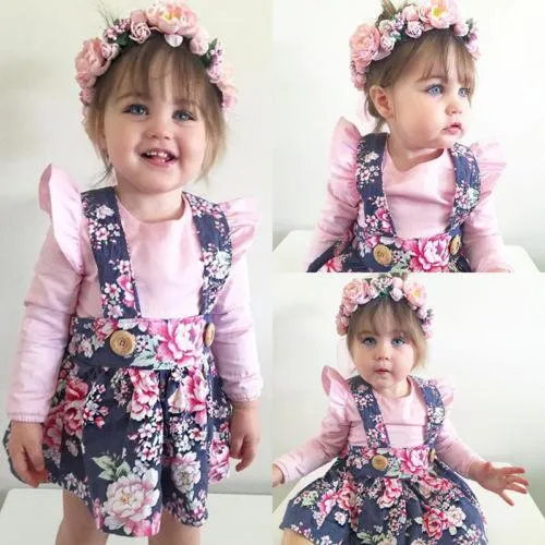 2Pcs Lovely Baby Girls Floral Long Sleeve Cotton Romper Dress Jumpsuit Outfits Set Clothes