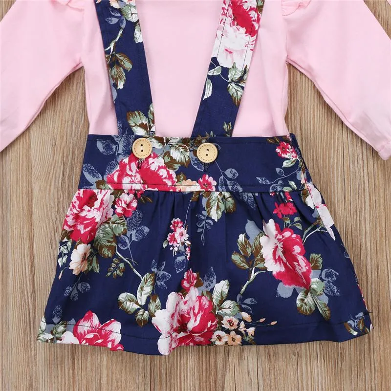 2Pcs Lovely Baby Girls Floral Long Sleeve Cotton Romper Dress Jumpsuit Outfits Set Clothes