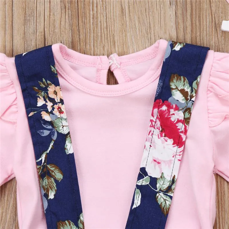 2Pcs Lovely Baby Girls Floral Long Sleeve Cotton Romper Dress Jumpsuit Outfits Set Clothes
