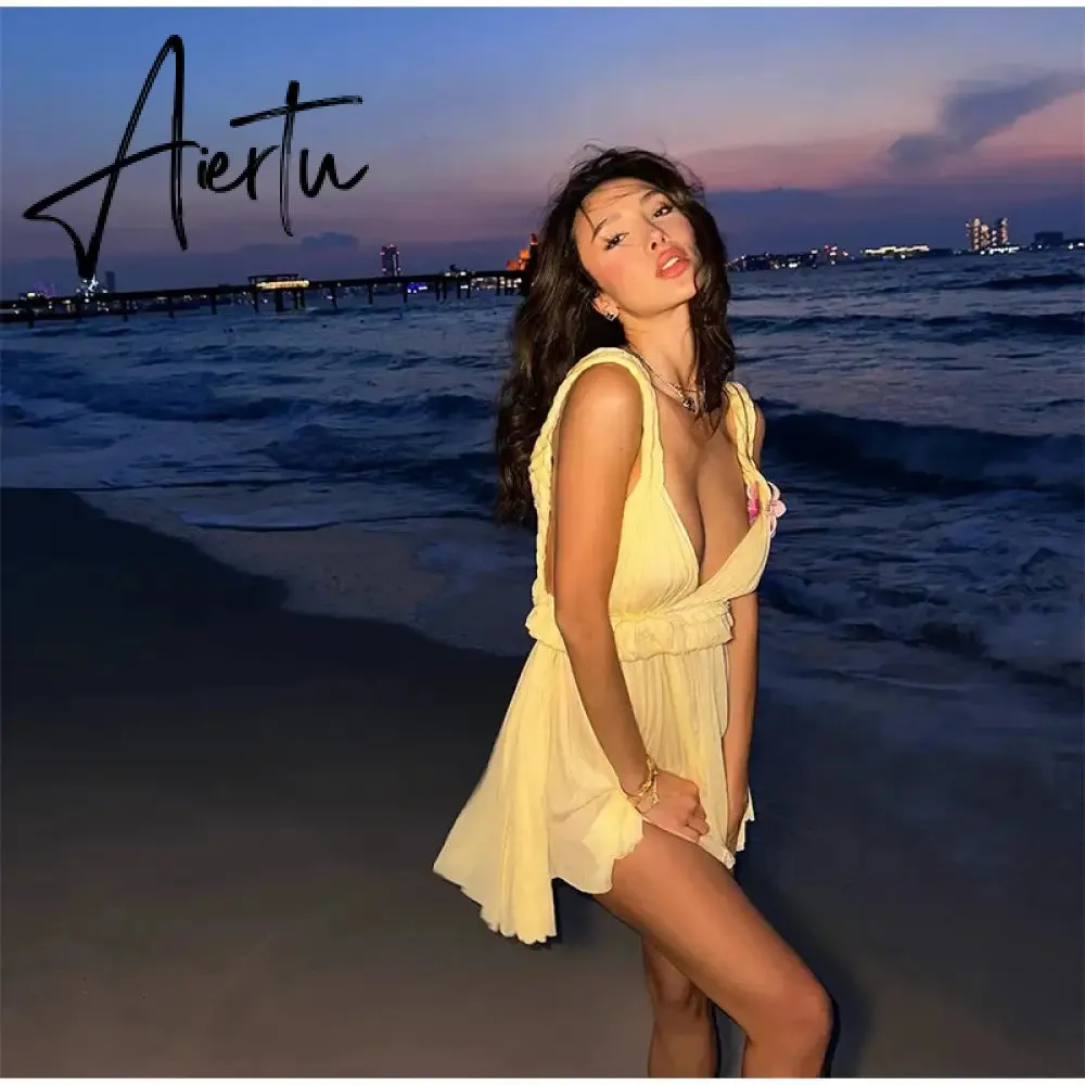 Aiertu Seaside Beach Sleeveless V-neck Jumpsuit Short Dress For Women Casual Sleeveless Backless Female Mini Dresses Vacation Vestidos
