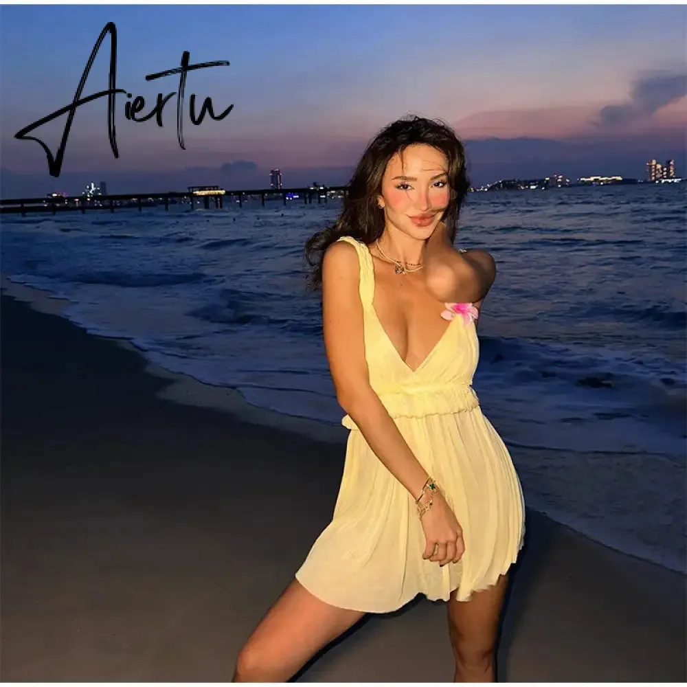 Aiertu Seaside Beach Sleeveless V-neck Jumpsuit Short Dress For Women Casual Sleeveless Backless Female Mini Dresses Vacation Vestidos