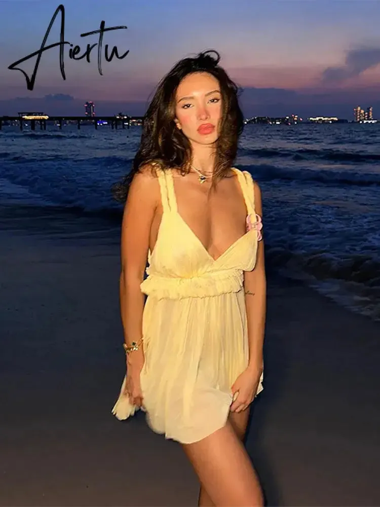 Aiertu Seaside Beach Sleeveless V-neck Jumpsuit Short Dress For Women Casual Sleeveless Backless Female Mini Dresses Vacation Vestidos