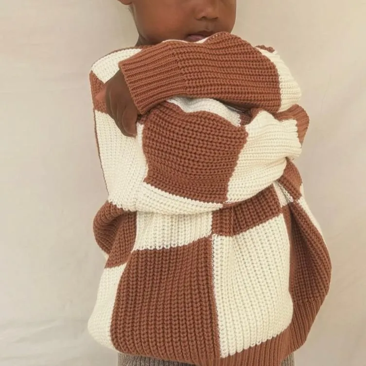 Aspen Checkerboard Chunky Knit Oversized Jumper (Cinnamon)