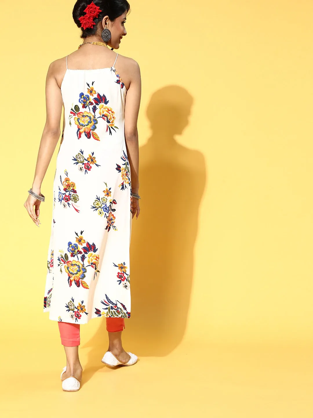 Berrylush Women White & Yellow Floral Printed Keyhole Neck Front Tie-Up Straight Calf Length Kurta