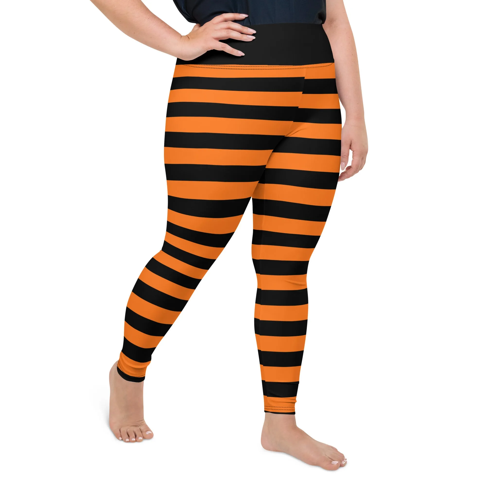 Black Orange Striped Plus Size Leggings Women, Halloween Witch Tights Goth Pumpkin Printed Yoga Pants Cute Adult Workout Designer