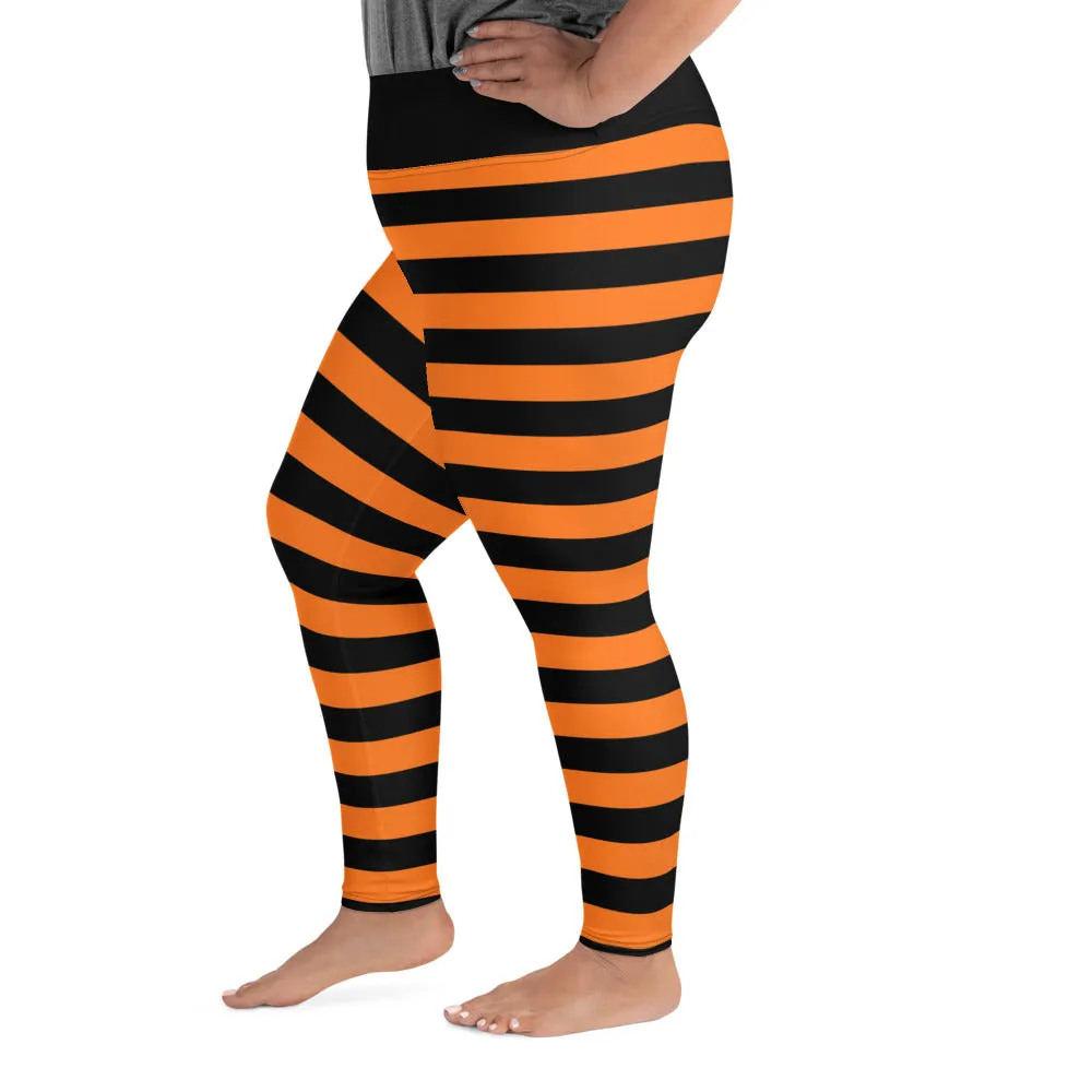 Black Orange Striped Plus Size Leggings Women, Halloween Witch Tights Goth Pumpkin Printed Yoga Pants Cute Adult Workout Designer