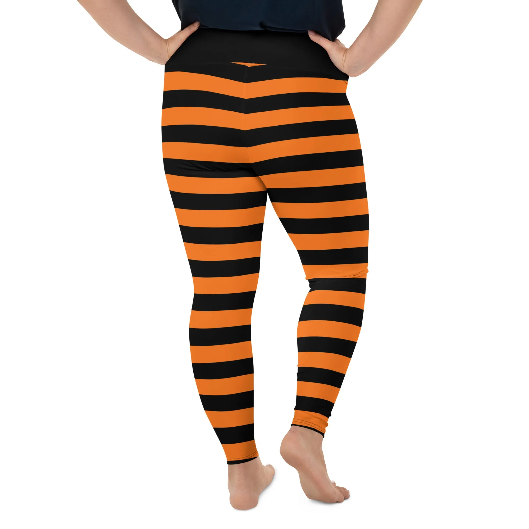 Black Orange Striped Plus Size Leggings Women, Halloween Witch Tights Goth Pumpkin Printed Yoga Pants Cute Adult Workout Designer