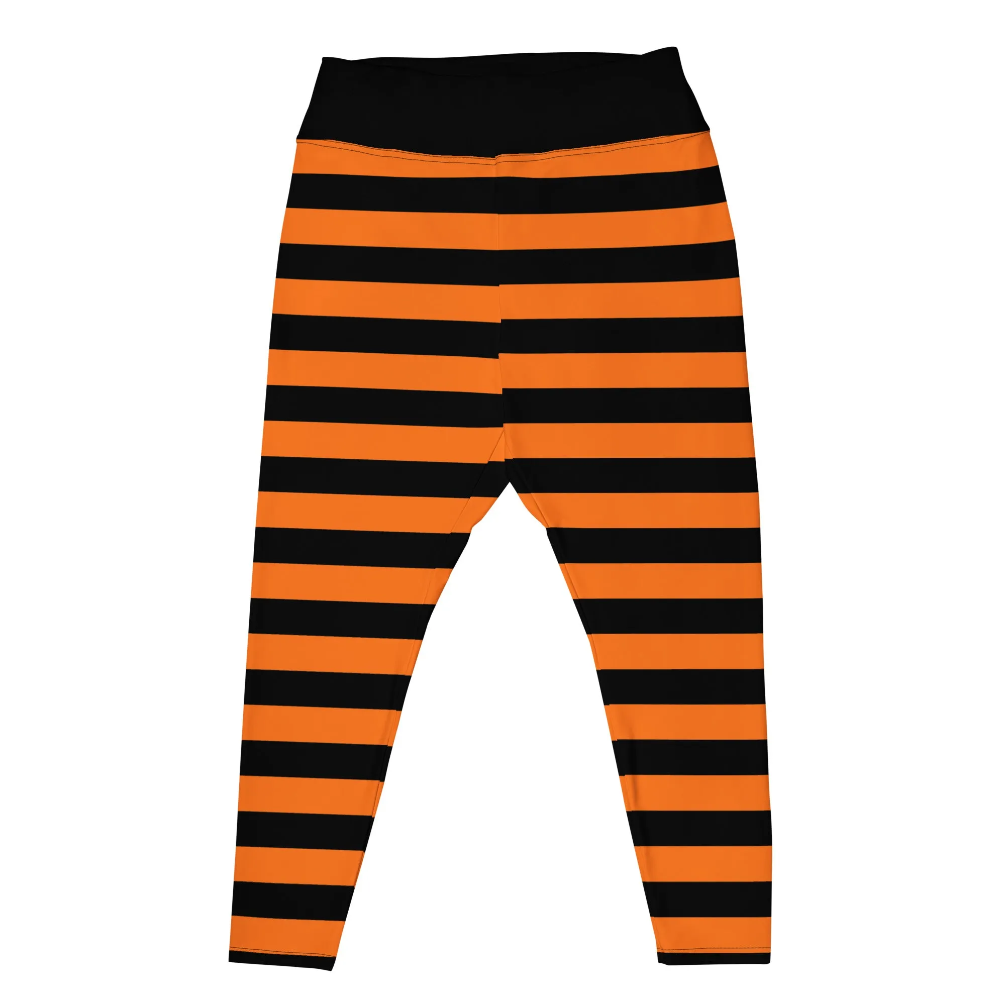 Black Orange Striped Plus Size Leggings Women, Halloween Witch Tights Goth Pumpkin Printed Yoga Pants Cute Adult Workout Designer