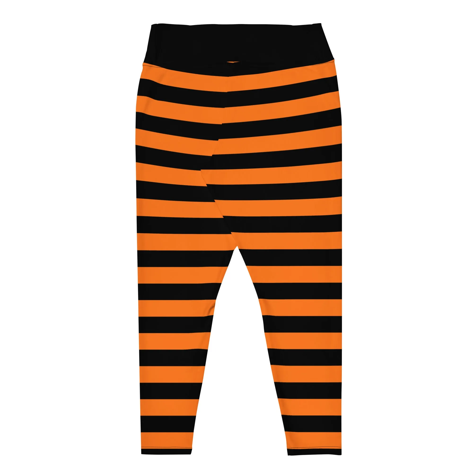 Black Orange Striped Plus Size Leggings Women, Halloween Witch Tights Goth Pumpkin Printed Yoga Pants Cute Adult Workout Designer