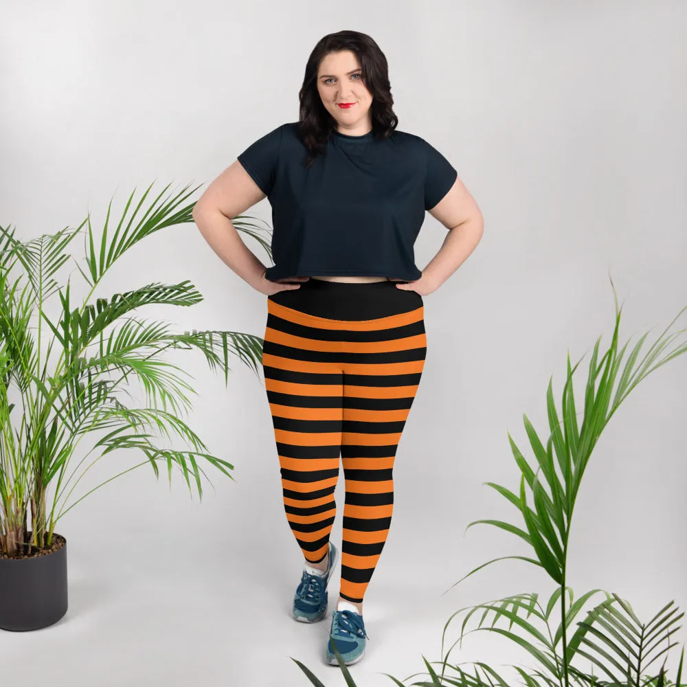 Black Orange Striped Plus Size Leggings Women, Halloween Witch Tights Goth Pumpkin Printed Yoga Pants Cute Adult Workout Designer