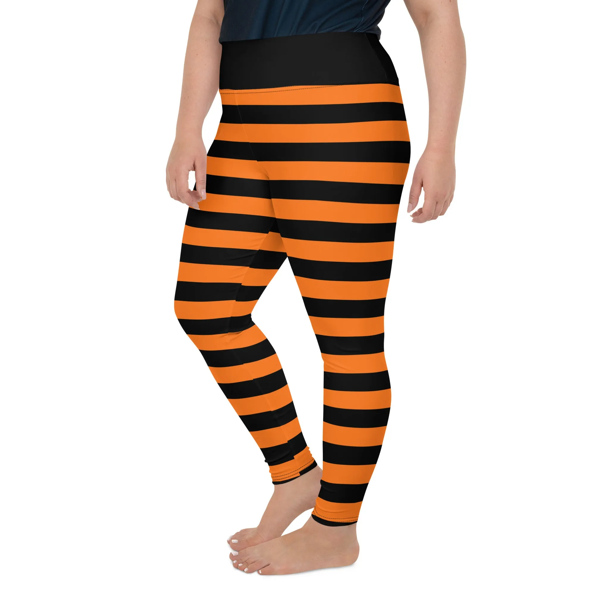 Black Orange Striped Plus Size Leggings Women, Halloween Witch Tights Goth Pumpkin Printed Yoga Pants Cute Adult Workout Designer
