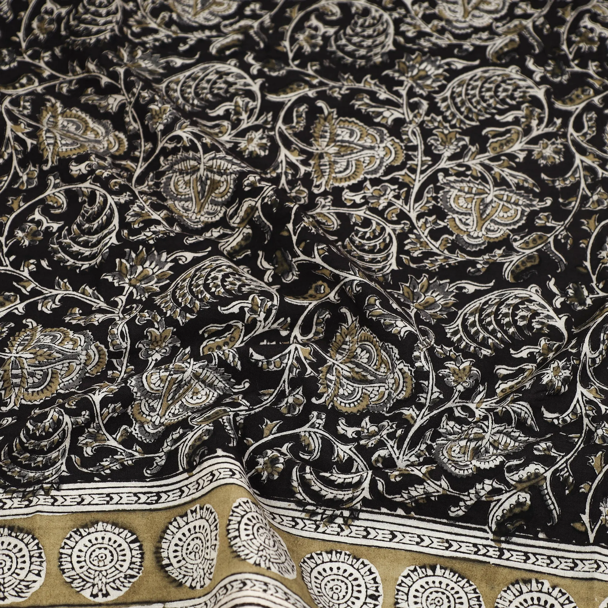 Black - Pedana Kalamkari Block Printed Natural Dyed Cotton Scarf 78