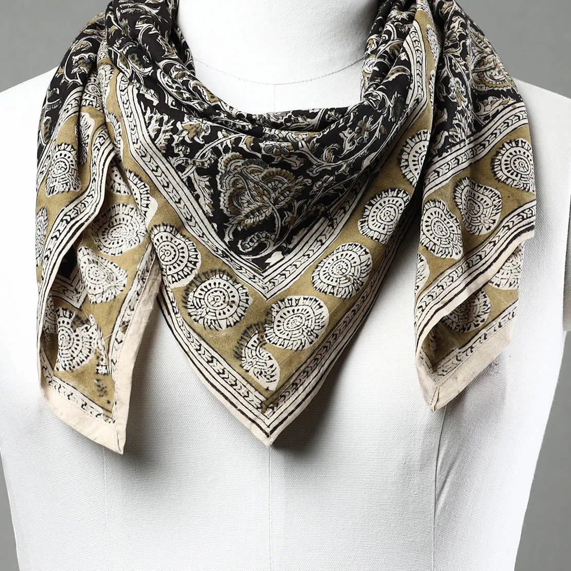 Black - Pedana Kalamkari Block Printed Natural Dyed Cotton Scarf 78