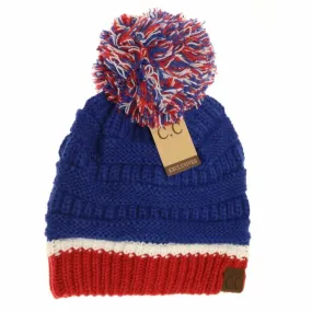 Blue Red White knit Pom Pom Hat