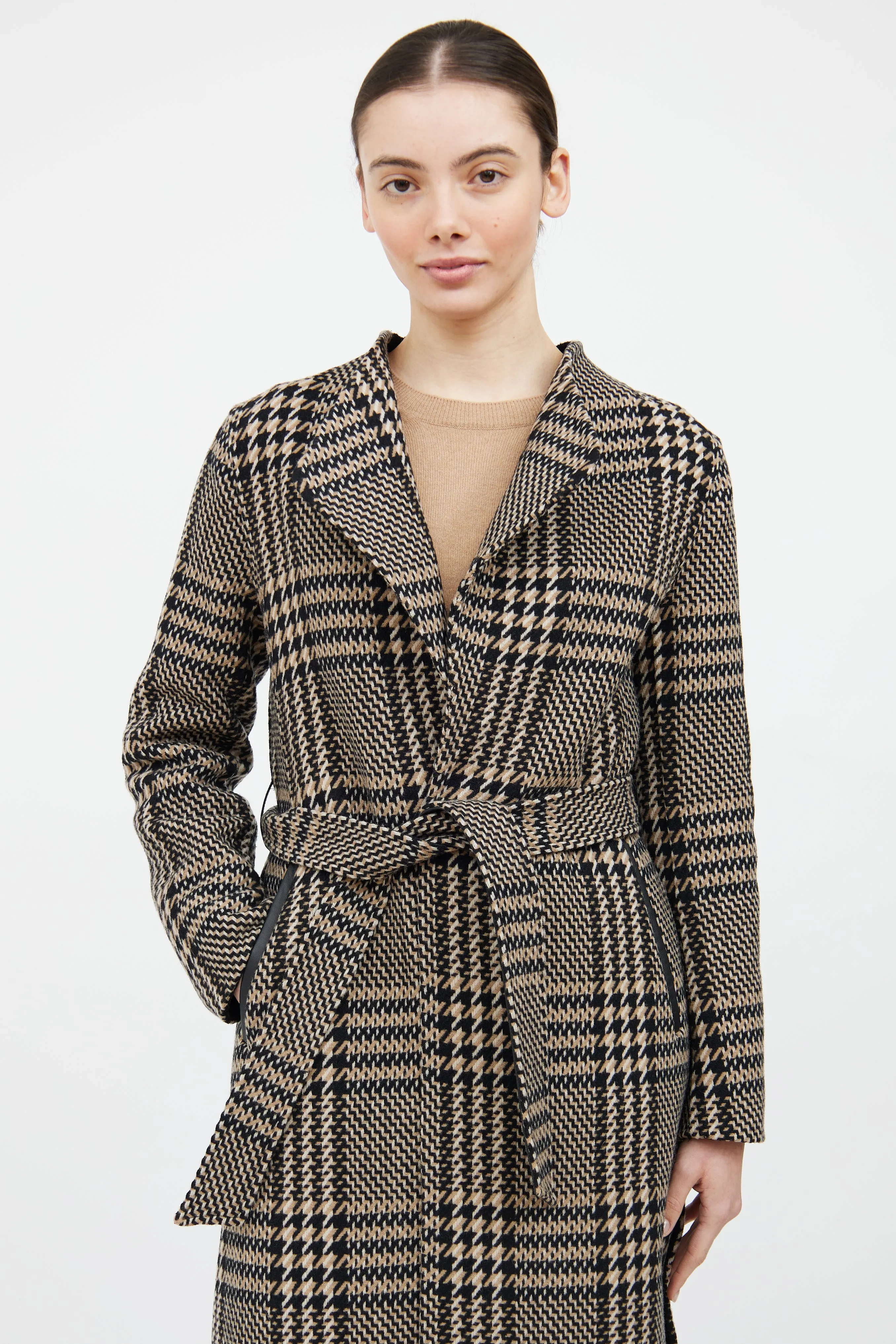 Brown & Black Houndstooth Belted Coat