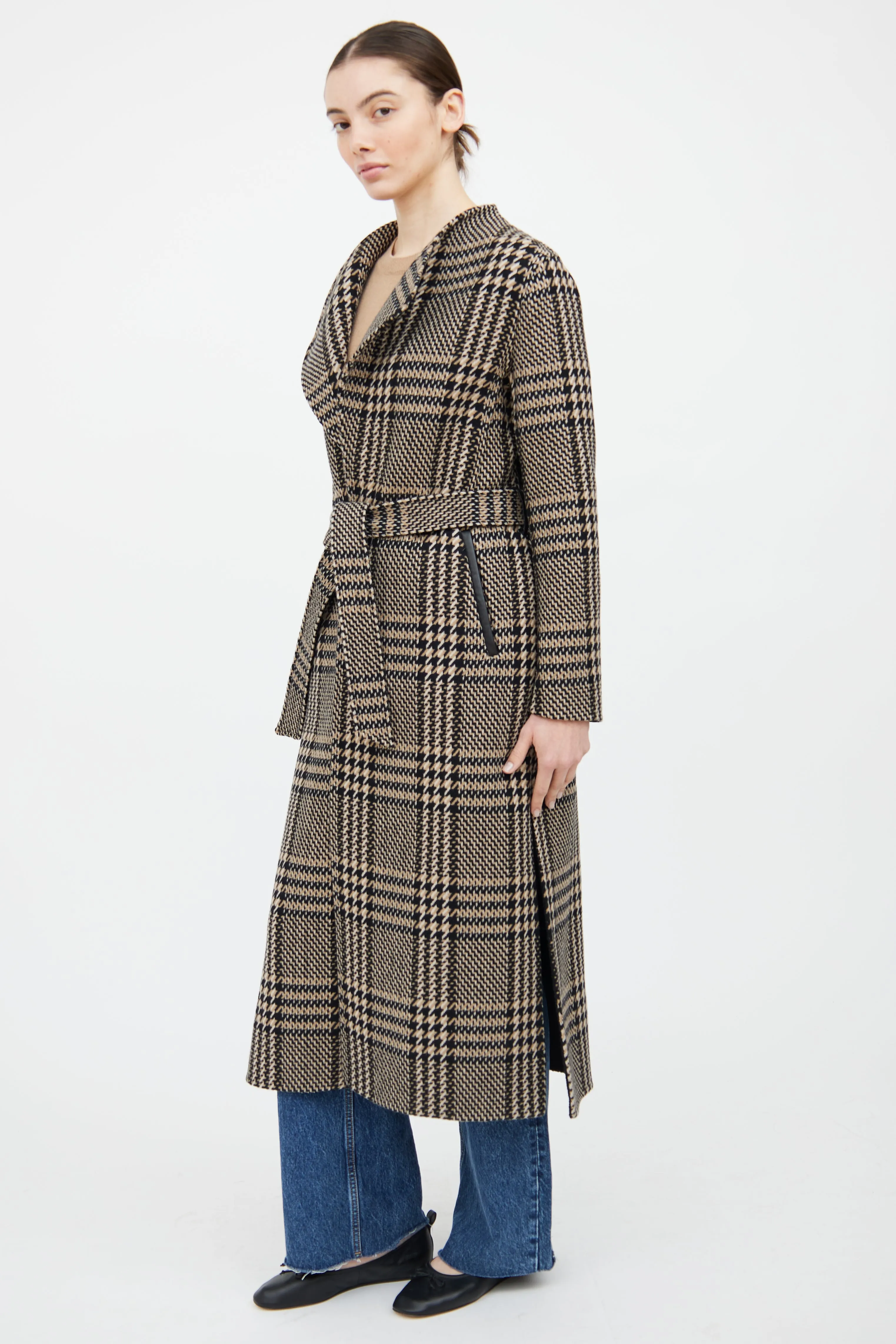 Brown & Black Houndstooth Belted Coat