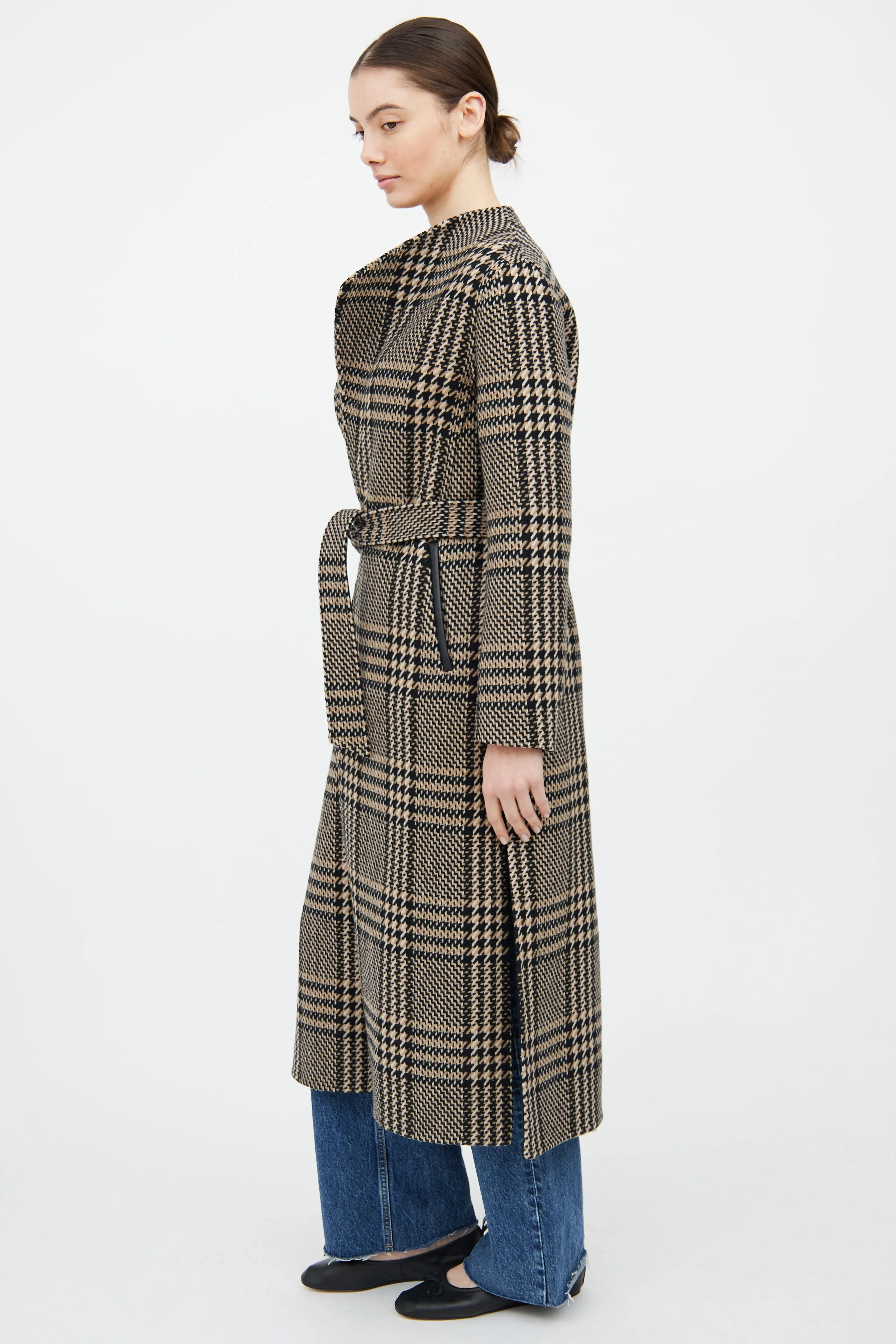 Brown & Black Houndstooth Belted Coat