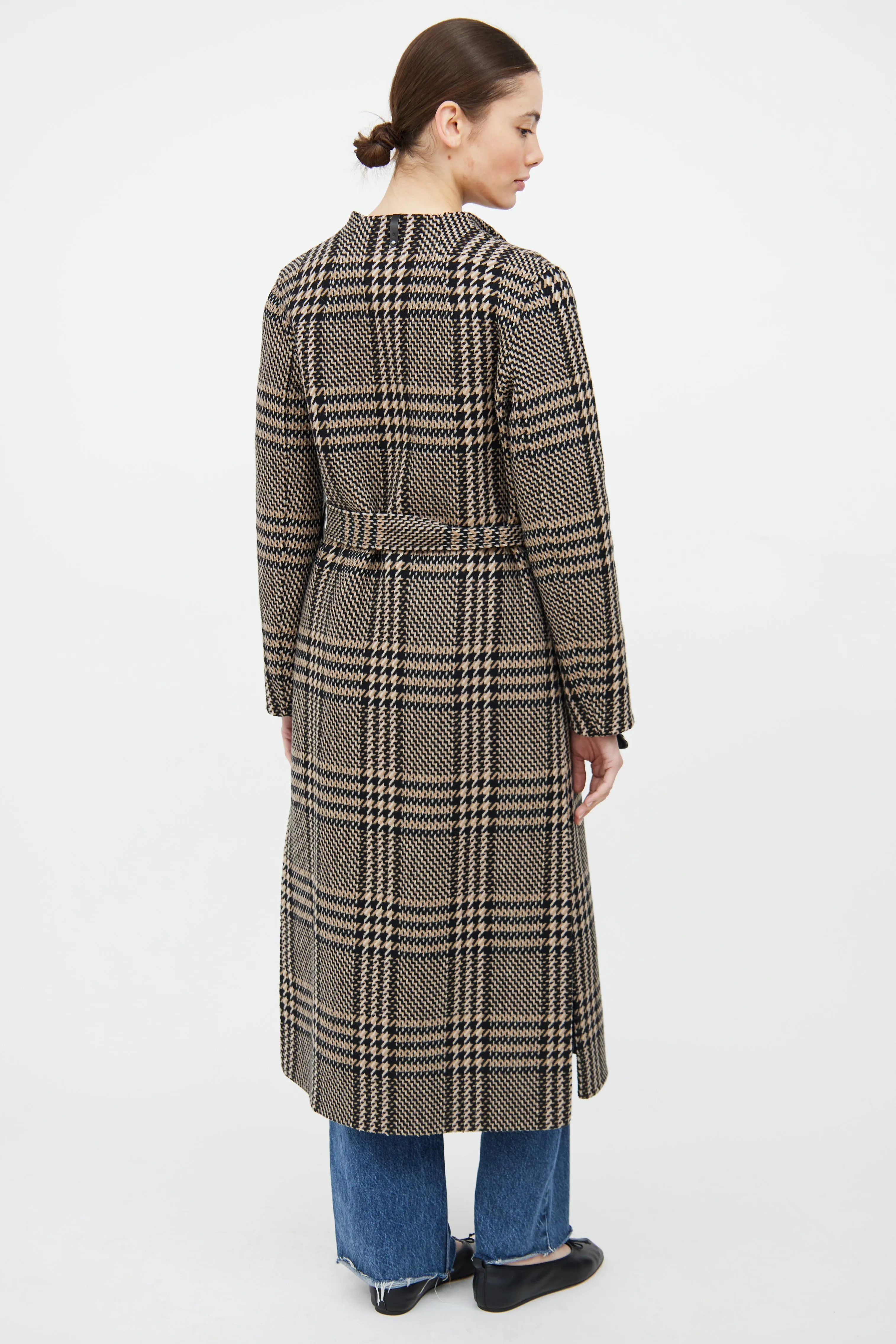 Brown & Black Houndstooth Belted Coat