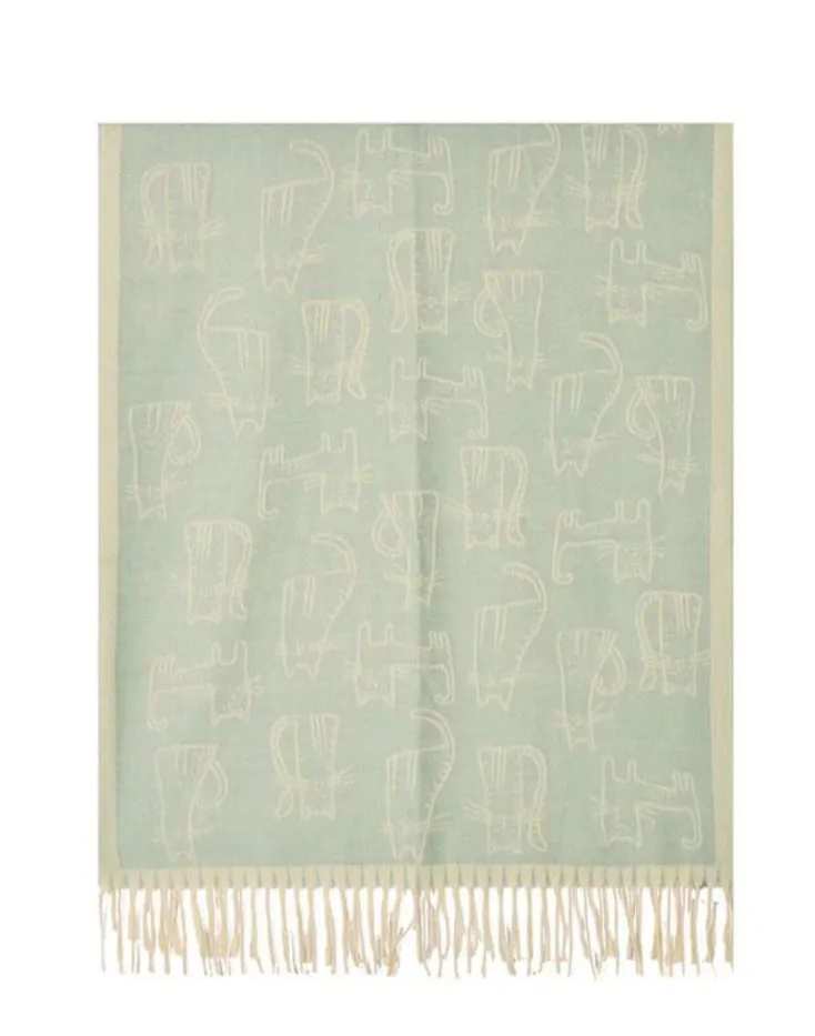 Cat Design Woven Winter Scarf In Sage