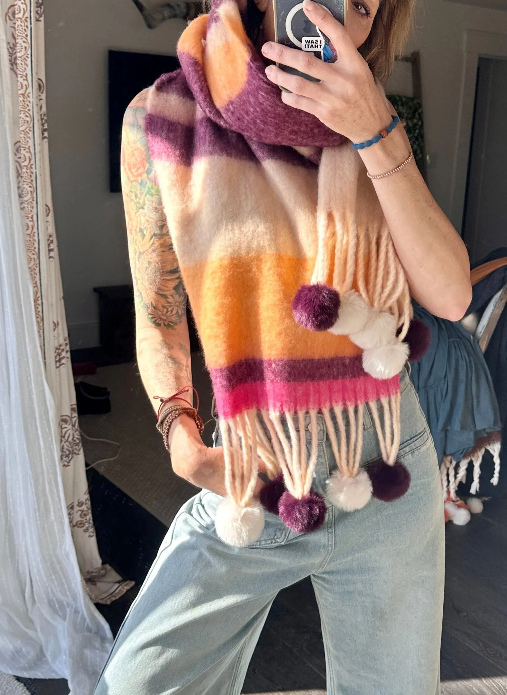 Chunky Pom Pom Striped Blanket Cozy Scarf