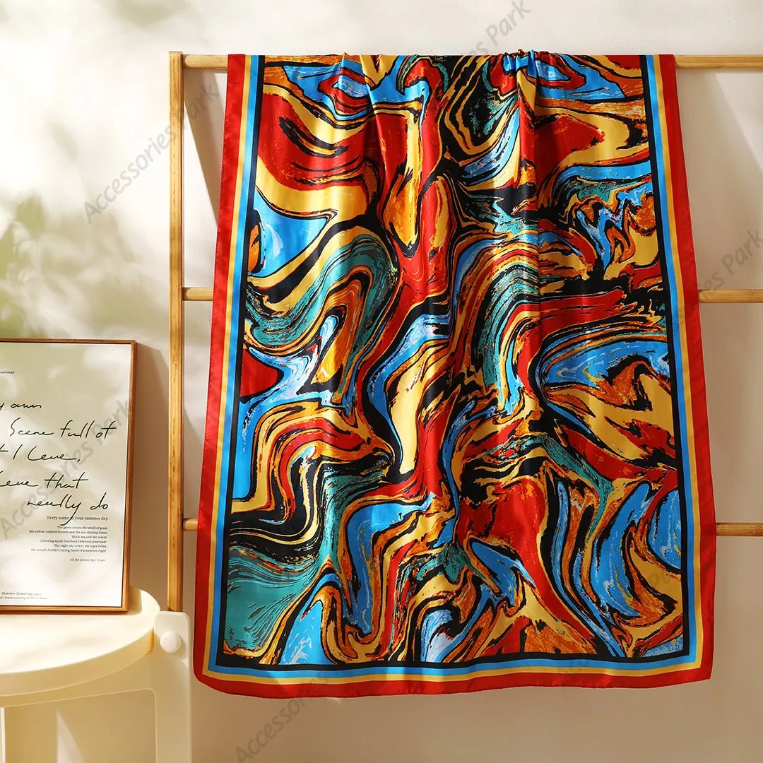Color Wave Oil Painting Long Satin Silk Women's Scarf