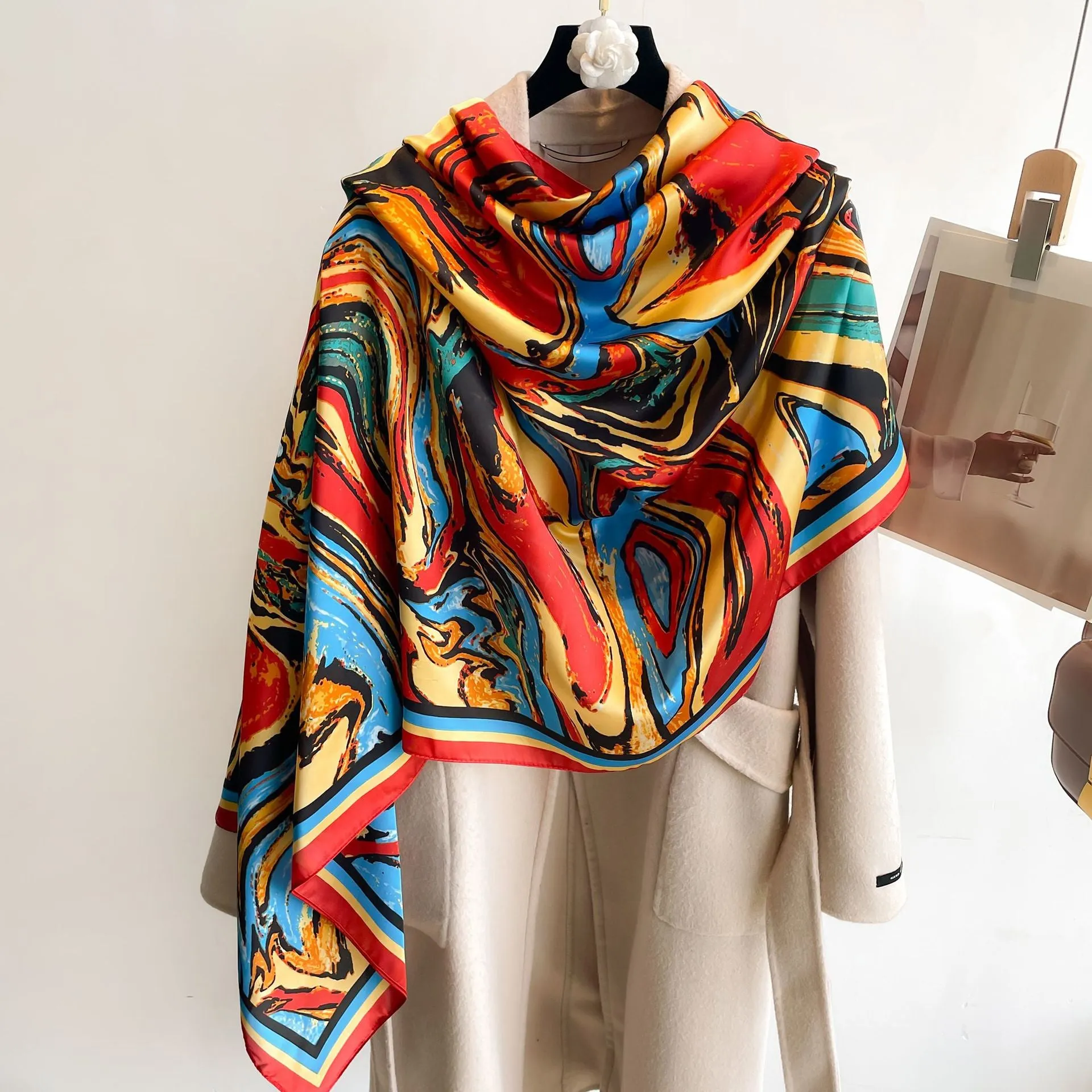 Color Wave Oil Painting Long Satin Silk Women's Scarf
