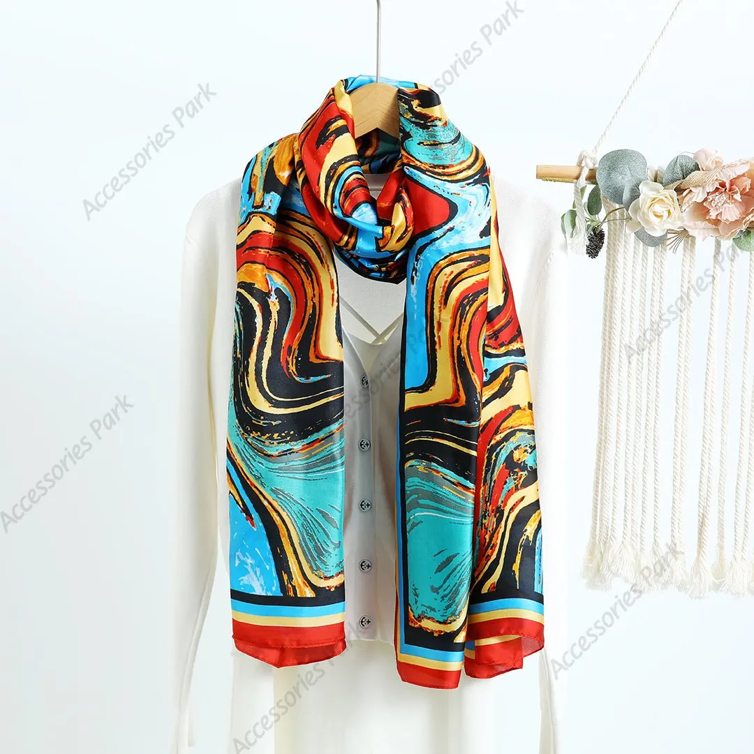 Color Wave Oil Painting Long Satin Silk Women's Scarf
