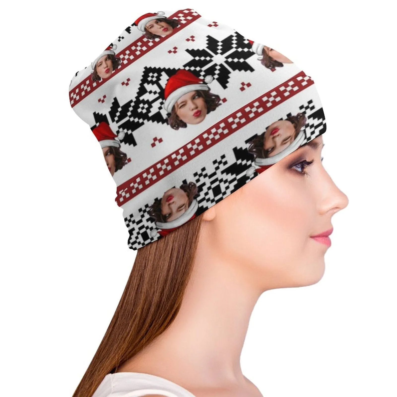 Custom Face Christmas Red Hat Full Print Pullover Cap Beanie Hat Unisex