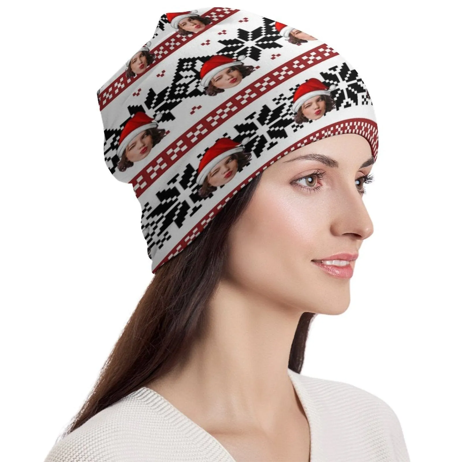 Custom Face Christmas Red Hat Full Print Pullover Cap Beanie Hat Unisex