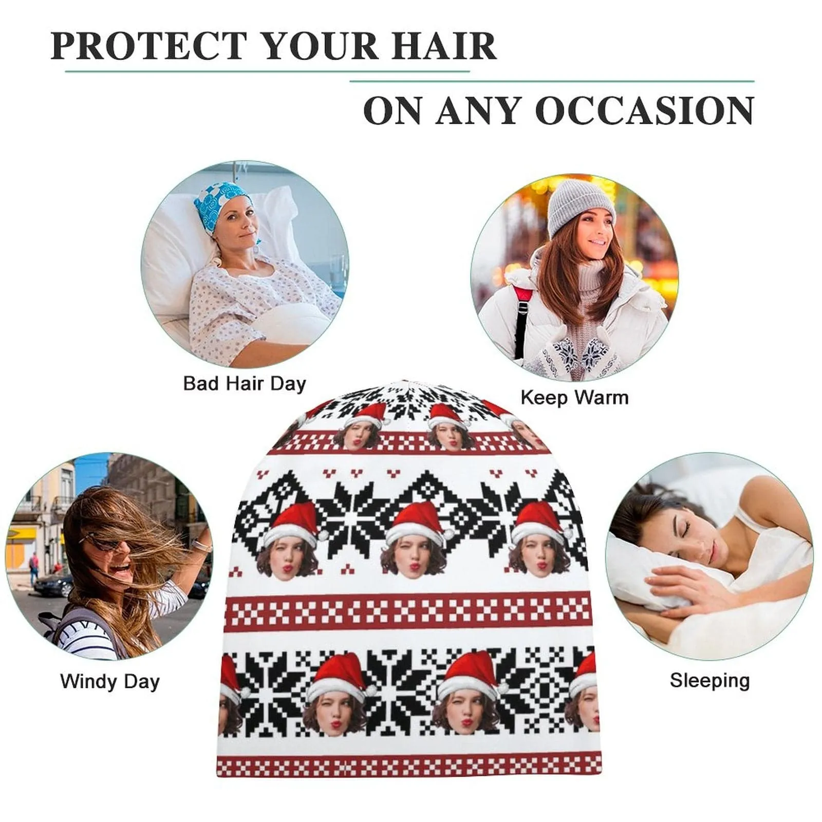 Custom Face Christmas Red Hat Full Print Pullover Cap Beanie Hat Unisex