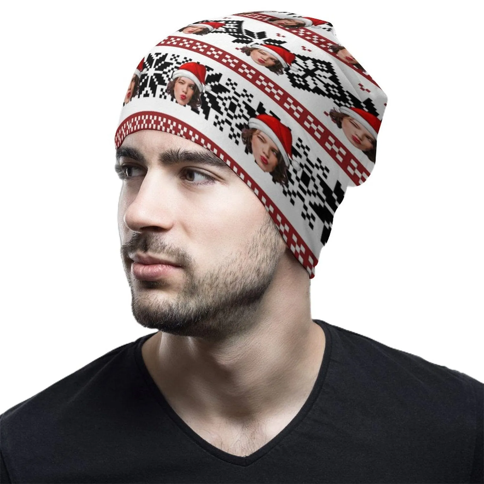 Custom Face Christmas Red Hat Full Print Pullover Cap Beanie Hat Unisex