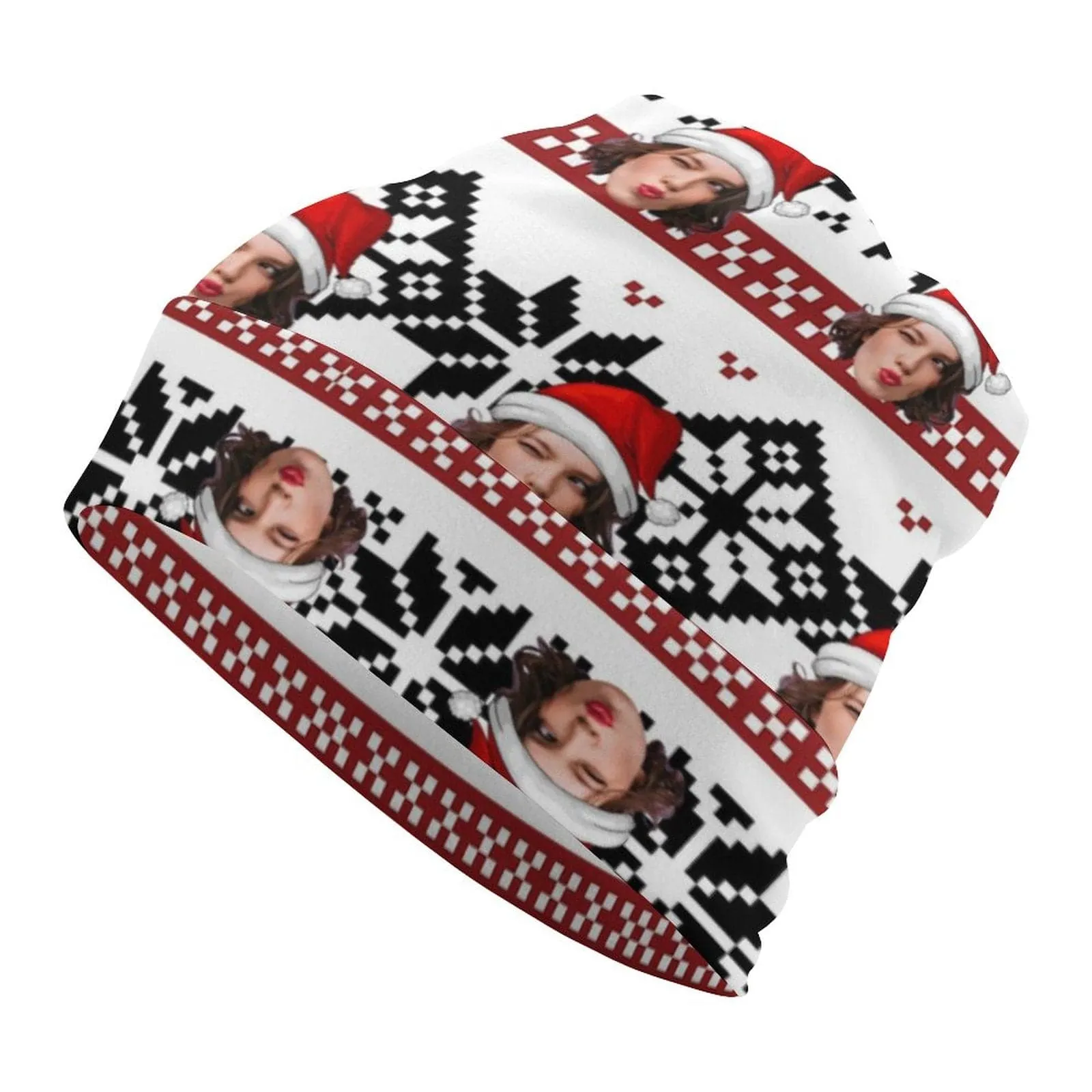 Custom Face Christmas Red Hat Full Print Pullover Cap Beanie Hat Unisex