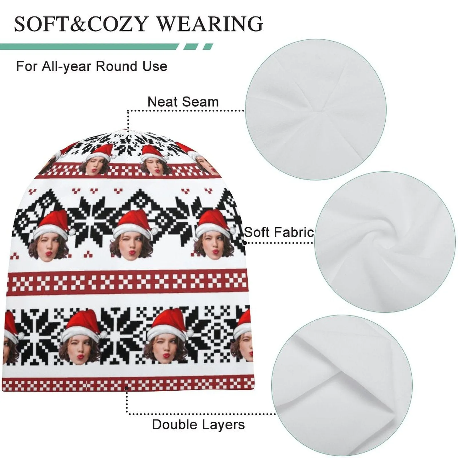 Custom Face Christmas Red Hat Full Print Pullover Cap Beanie Hat Unisex