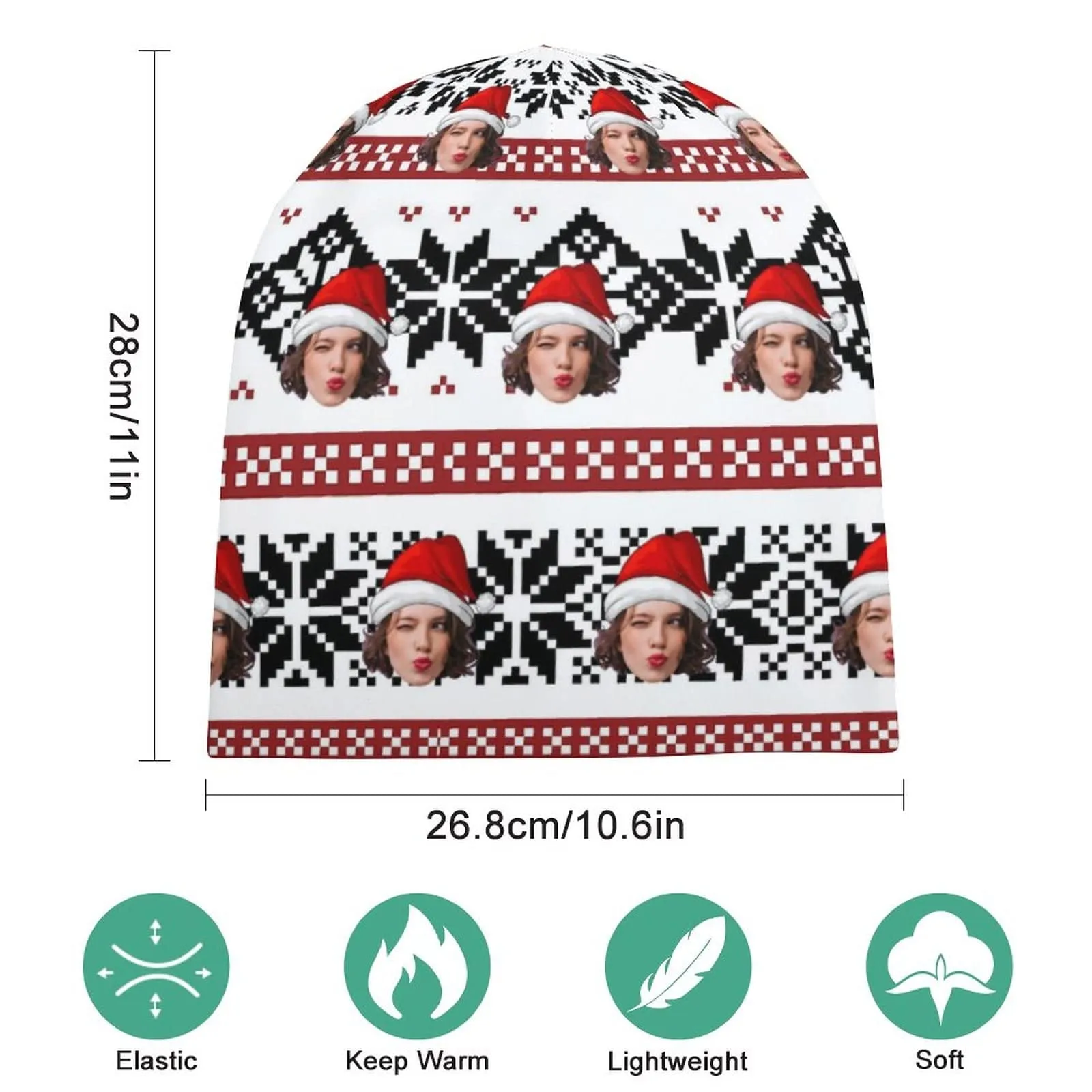 Custom Face Christmas Red Hat Full Print Pullover Cap Beanie Hat Unisex