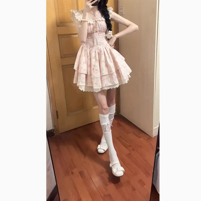 Fashionkova surrealism dress to impress Xingyu Cherry Blossom Sweet Small Flying Sleeve Gentle Floral Waist Tight Jumpsuit Skirt 2024 New Fashion