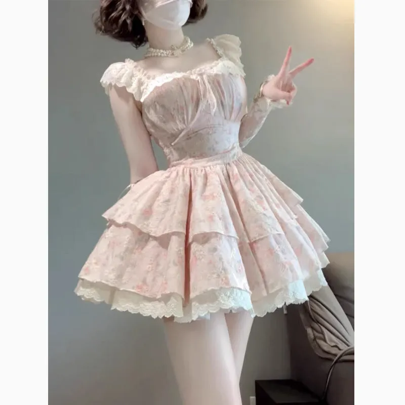 Fashionkova surrealism dress to impress Xingyu Cherry Blossom Sweet Small Flying Sleeve Gentle Floral Waist Tight Jumpsuit Skirt 2024 New Fashion
