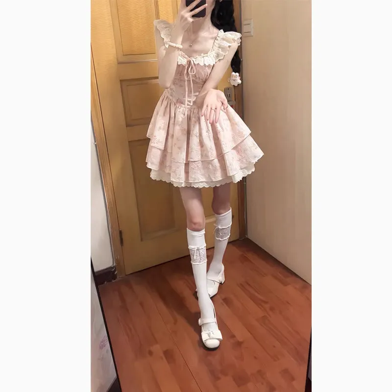 Fashionkova surrealism dress to impress Xingyu Cherry Blossom Sweet Small Flying Sleeve Gentle Floral Waist Tight Jumpsuit Skirt 2024 New Fashion