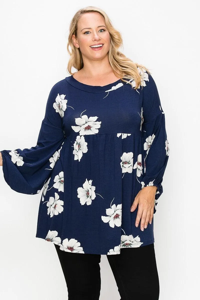 Floral, Bubble Sleeve Tunic Top Plus Size