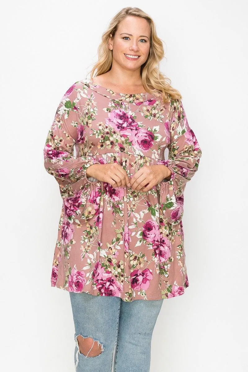 Floral, Bubble Sleeve Tunic Top Plus Size