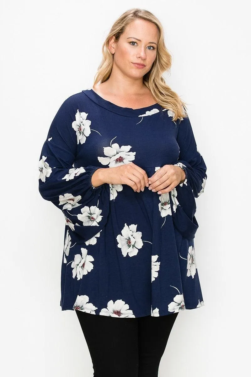 Floral, Bubble Sleeve Tunic Top Plus Size