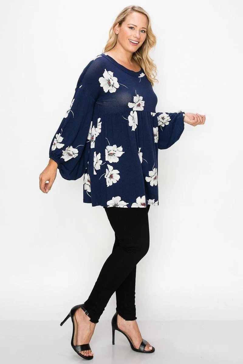 Floral, Bubble Sleeve Tunic Top Plus Size