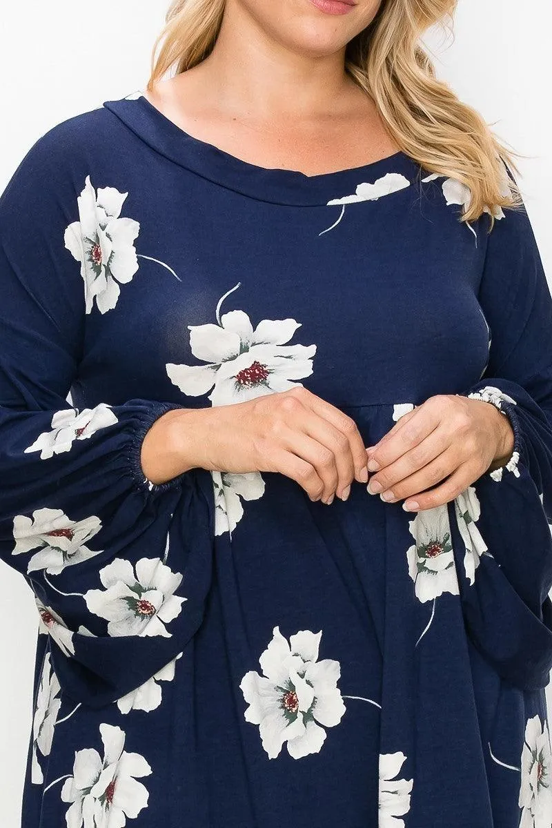Floral, Bubble Sleeve Tunic Top Plus Size
