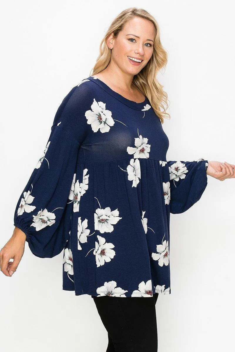 Floral, Bubble Sleeve Tunic Top Plus Size