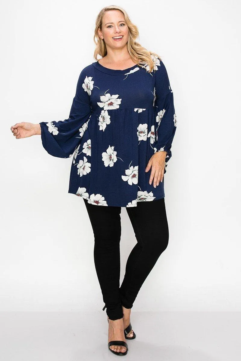 Floral, Bubble Sleeve Tunic Top Plus Size