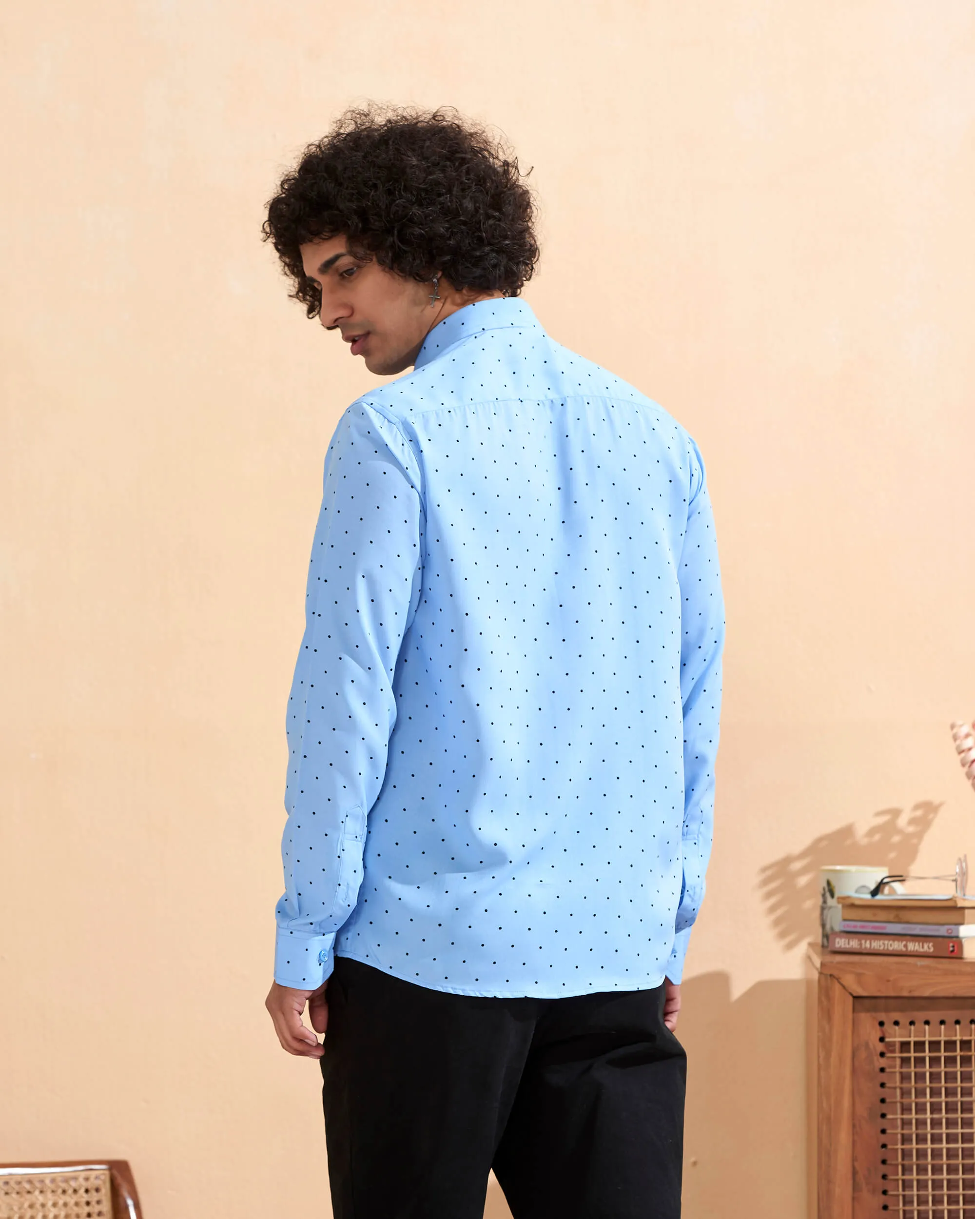 Full Sleeves Blue Crepe Casual Printed Men's Shirt