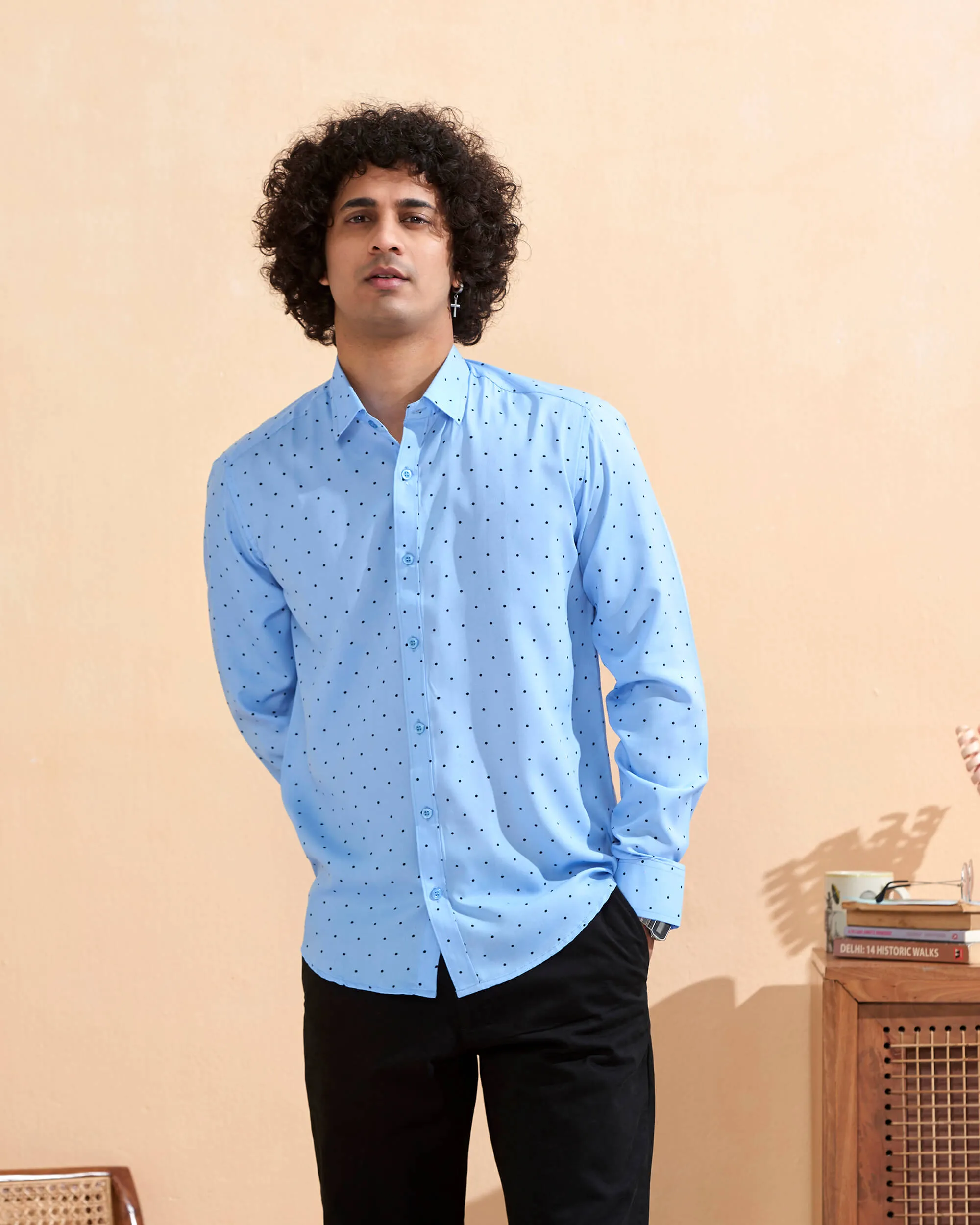 Full Sleeves Blue Crepe Casual Printed Men's Shirt