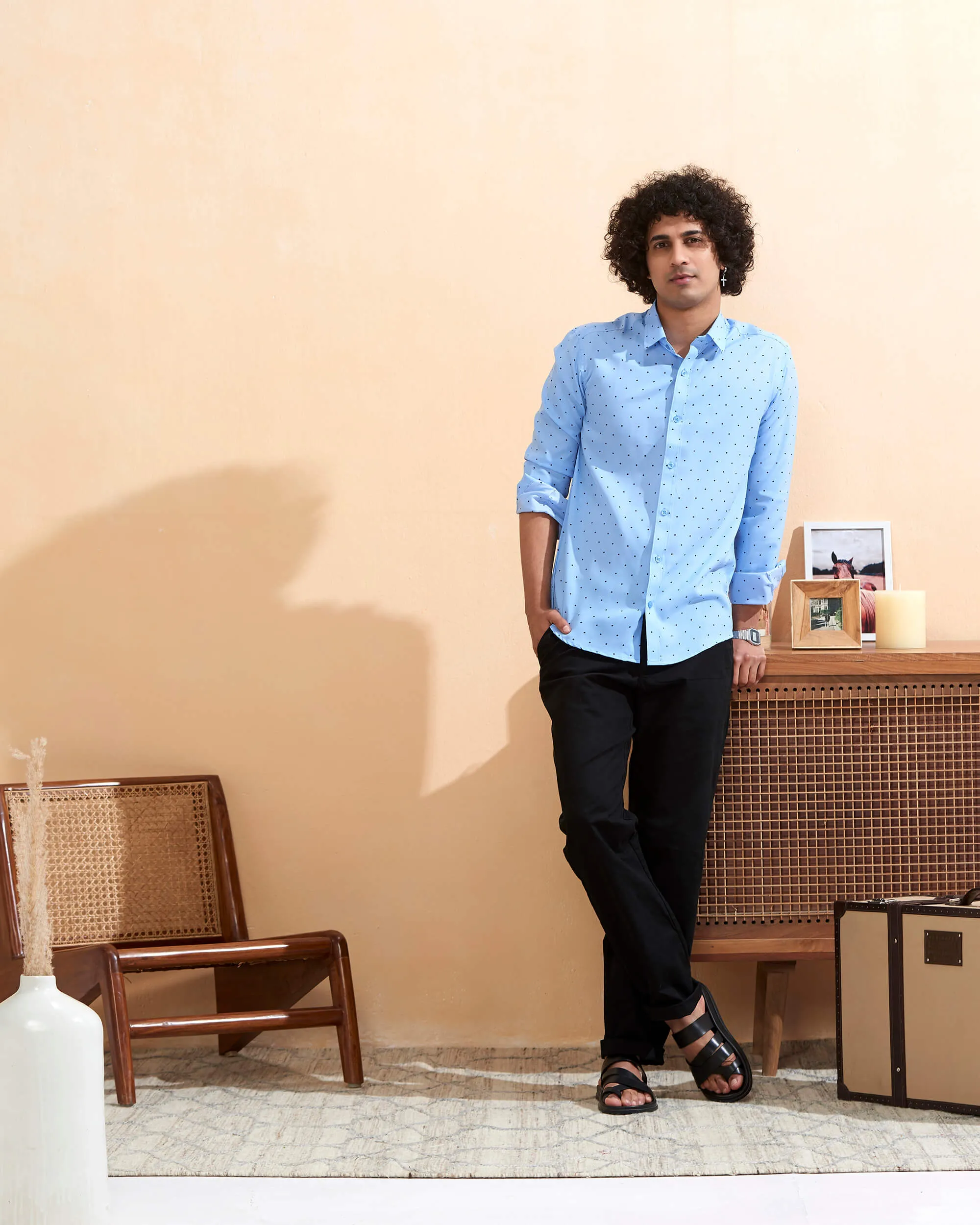 Full Sleeves Blue Crepe Casual Printed Men's Shirt