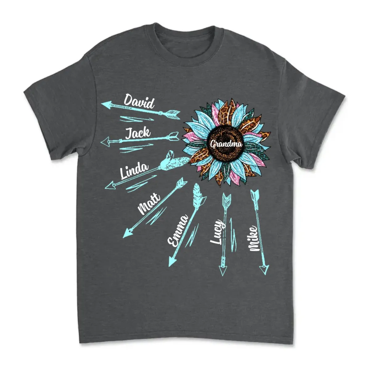 Grandkids - Grandma & Kid's Name Arrow Sunflower - Personalized T-shirt