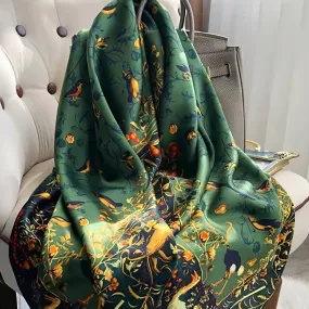 Green Satin Bird Song Floral Art Print Neck Scarf Green Satin Bird Song Floral Art Print Neck Scarf